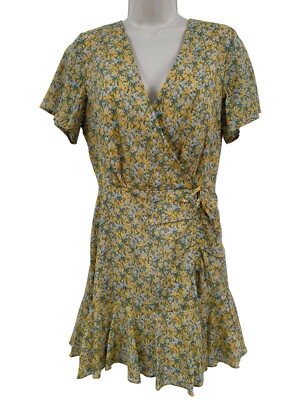 Steve Madden Skater Dress Small Mini Yellow Ditsy Floral Faux Wrap Casual  Summer | eBay