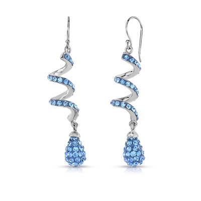 14K White Gold Plated Light Blue Spiral Shape Crystal Drop Dangle Hook Earrings