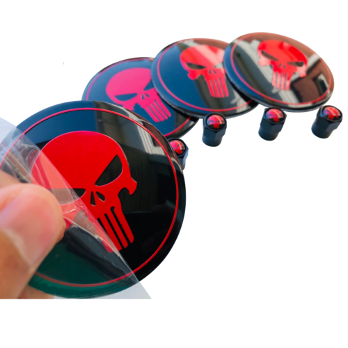 Dodge Center Cap Decals 4-Pack Punisher Wheel Center Cap Decals - 65mm (2.55") Aluminum Dome Stickers, Black/Silver (Riley Express) Rim Center Cap Stickers