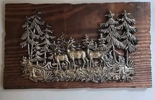 Wood Wall Plaque Silver Toned 3D Wall Art Deer Forest Cabin Decor SEE PICS