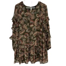 Very J Dress Womens L Green Paisley Ruffle Mini Tunic Top Boho Chic Retro Hippie