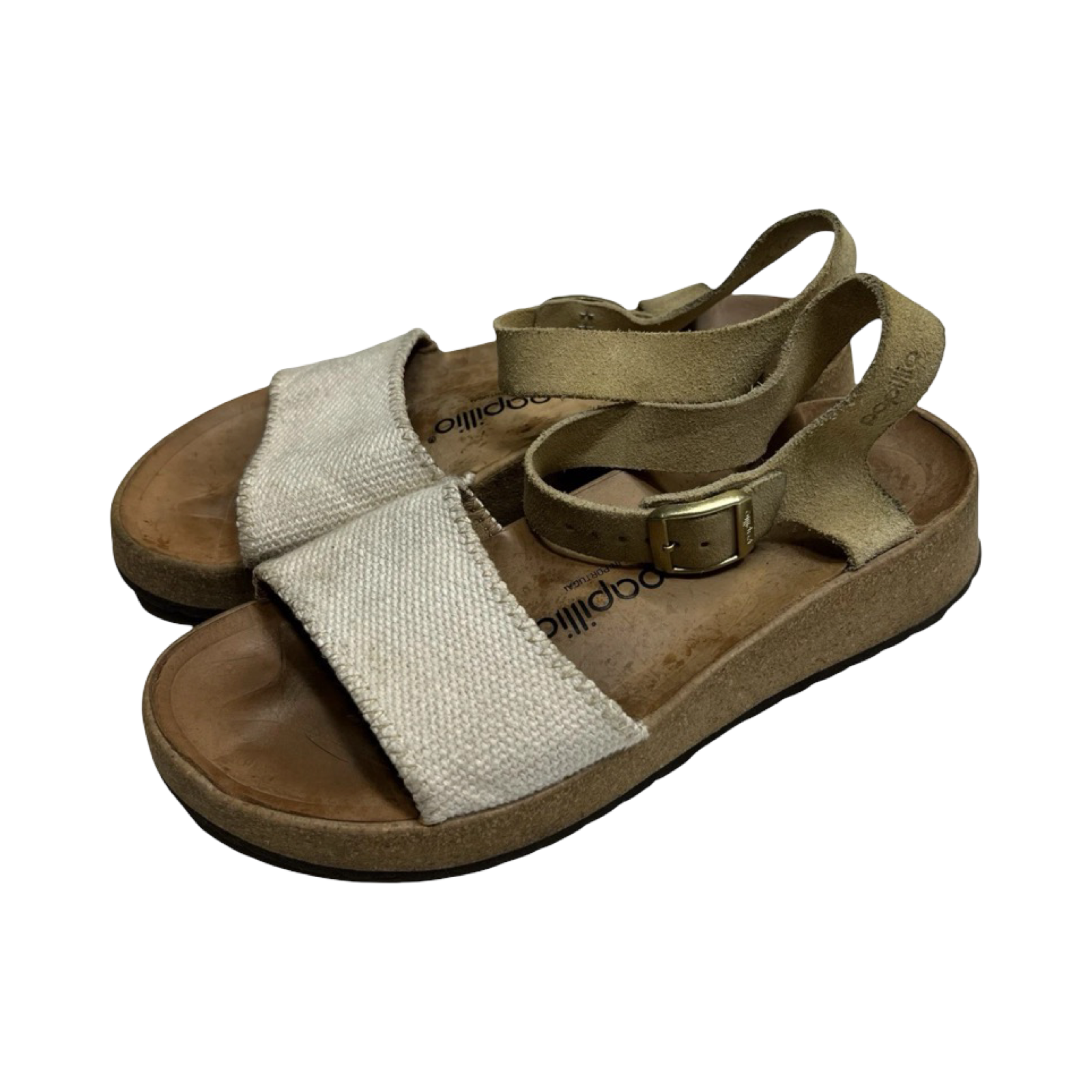 Papillio Sandals Womens Size 9 Beige Canvas Suede Buckle Strap Comfort Cork Sole