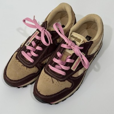 Reebok Classic Leather Sneakers Womens 4.5 Burgundy Tan Pink Raw Edge Canvas