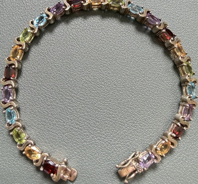 Vintage 925 Sterling Silber Tennis Armband Multicolor Edelsteine Box Signiert 
