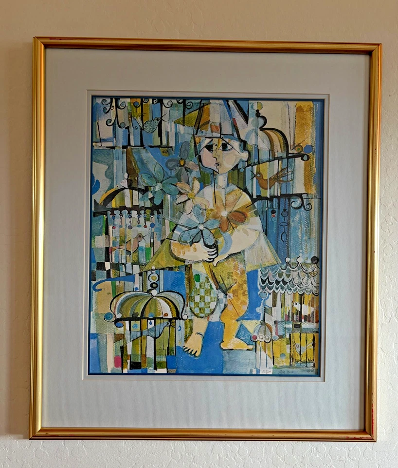 Litografía firmada por P. Buckley Moss enmarcada "Bird Boy" 1982 122/1000 muy RARA Foto 2 de 4