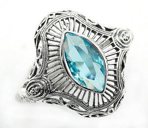 1CT Aquamarine 925 Solid Sterling Silver Art Nouveau Ring Sz 8 