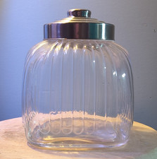 Ribbed Clear Glass Storage Jar w/ Silver Metal Lid, 0.5 Gal, Round, Modern