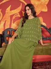 Evening Gown Long Dress Chiffon Beaded Abaya Muslim Women Kaftan Maxi Robe Dubai