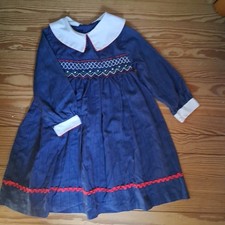 VTG Polly Flinders Hand Smocked Dress 6 Sm HOLE Navy Red White