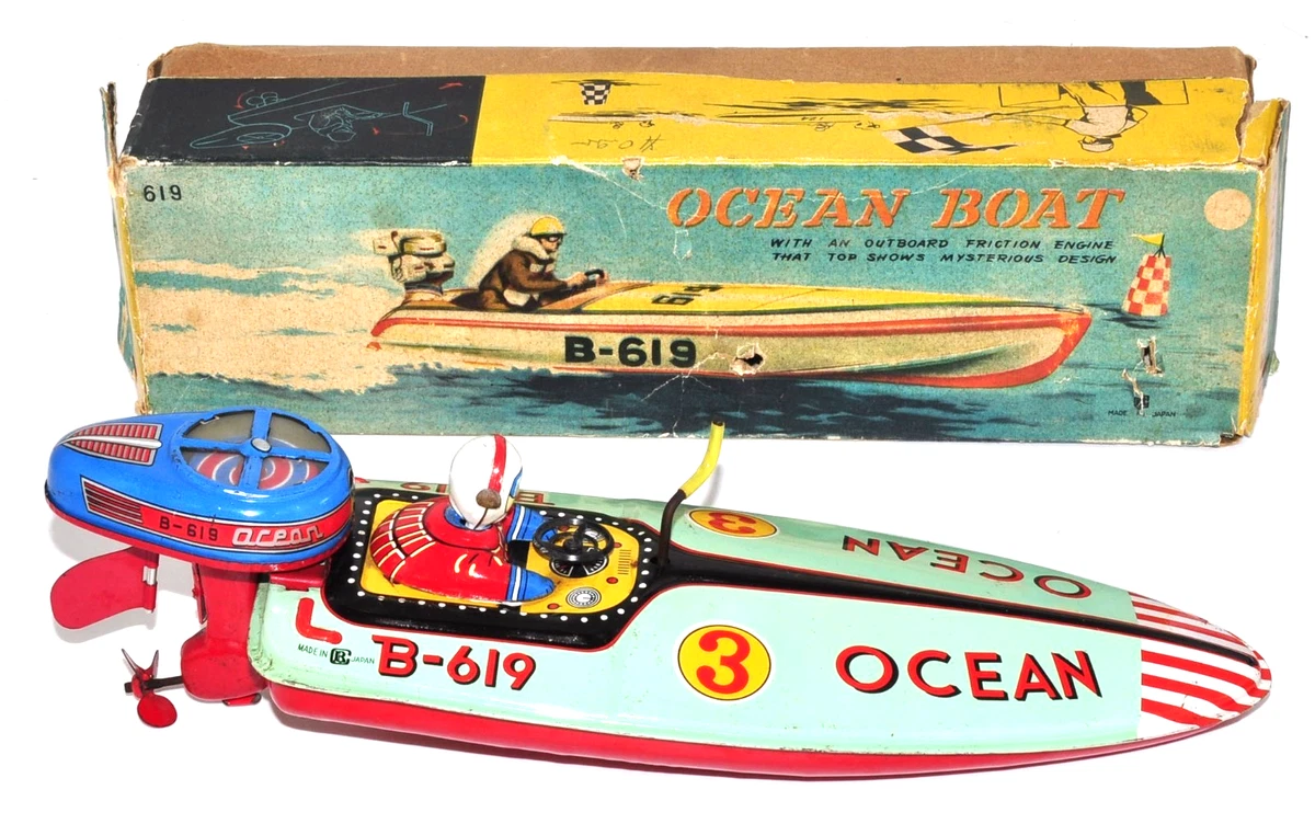 スピードボート　OCEAN B-619 ブリキ　おもちゃ Rare Vintage Bandaiya Ocean Boat B-619 1950s Tin Toy Friction