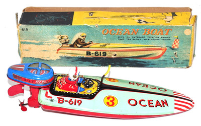 スピードボート　OCEAN B-619 ブリキ　おもちゃ Rare Vintage Bandaiya Ocean Boat B-619 1950s Tin Toy Friction