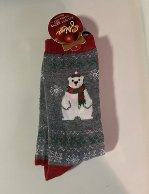 Shine Crew Socks Size 9-11 Gray/Red Polar Bear Fair Isle Christmas