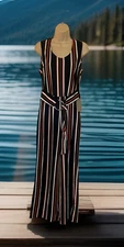 J For Justify Blue Orange Striped Sleeveless Belted Wide Leg Jumpsuit L NWT