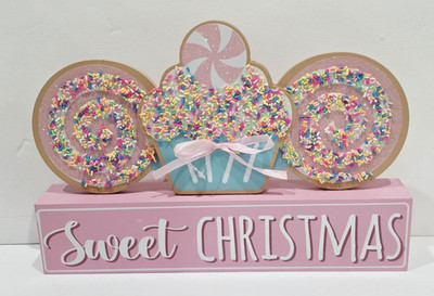 Christmas Pastel Pink Sprinkles Cupcake Gingerbread Wood Sign Tabletop Decor NEW