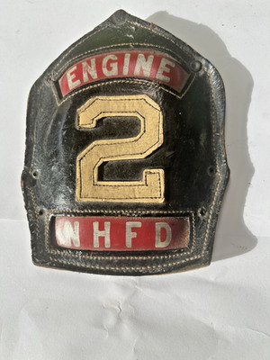Vintage Firemen's leather hat badge NHFD Engine 2