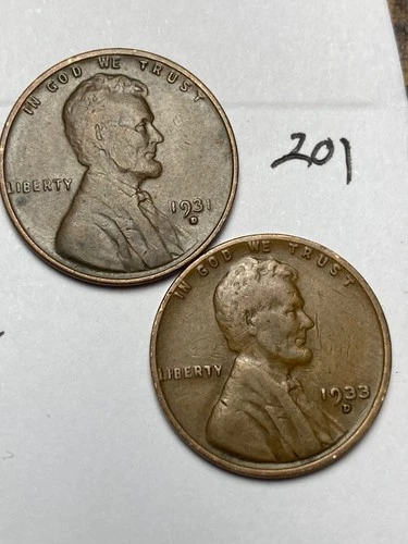 1931-D & 1933-D LINCOLN WHEAT CENT SET, 2 coins, low mintage dates "fine" #201