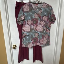 Dickies Scrub Set Print Top M Burgundy Pants L Used Good