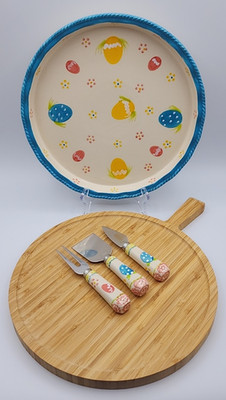 Temptations by Tara 12'' Egg Hunt Platter Wood Charcuterie Board with 3 Utensils