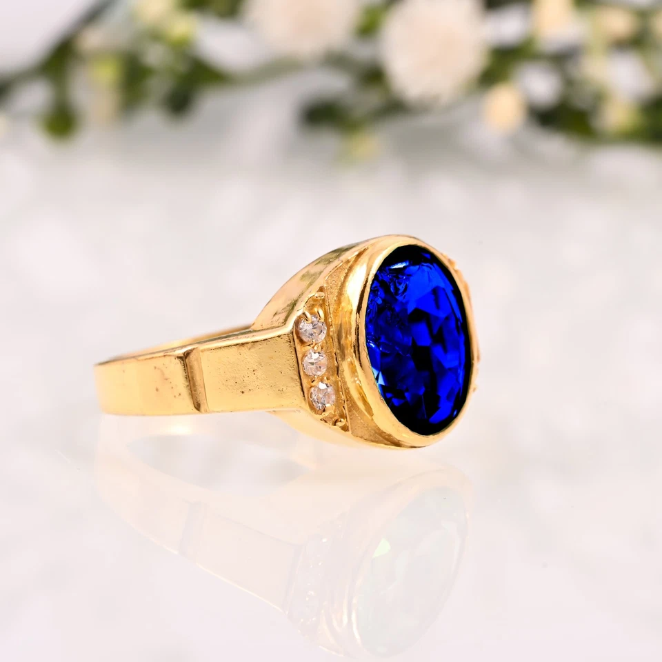 Anillo hecho a mano de tanzanita natural AAA para regalo de boda para hombre oro amarillo macizo de 14K Foto 2 de 3