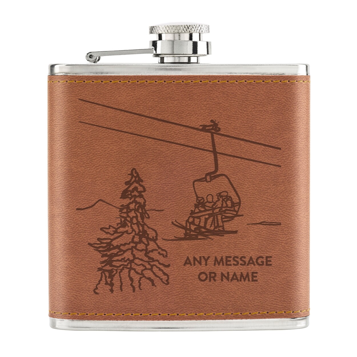 Personalised Ski Lift Skiing 6oz PU Leather Hip Flask Tan Let's Get Piste Dad