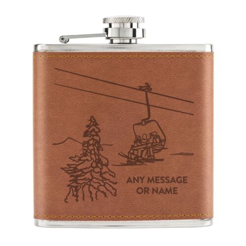 Personalised Ski Lift Skiing 6oz PU Leather Hip Flask Tan Let's Get Piste Dad - Picture 1 of 1
