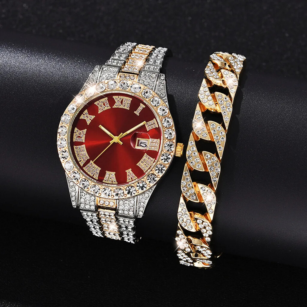 ICEDIAMOND Moda Colorato Quadrante Romano Ghiacciato Orologio Da Polso Full Bling CZ Diamante Calendario Al Quarzo Orologio per Uomo Donna (W-Red