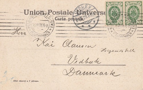 FINNLAND: Postkarte Helsinki nach Dänemark 1908, arr.canc.