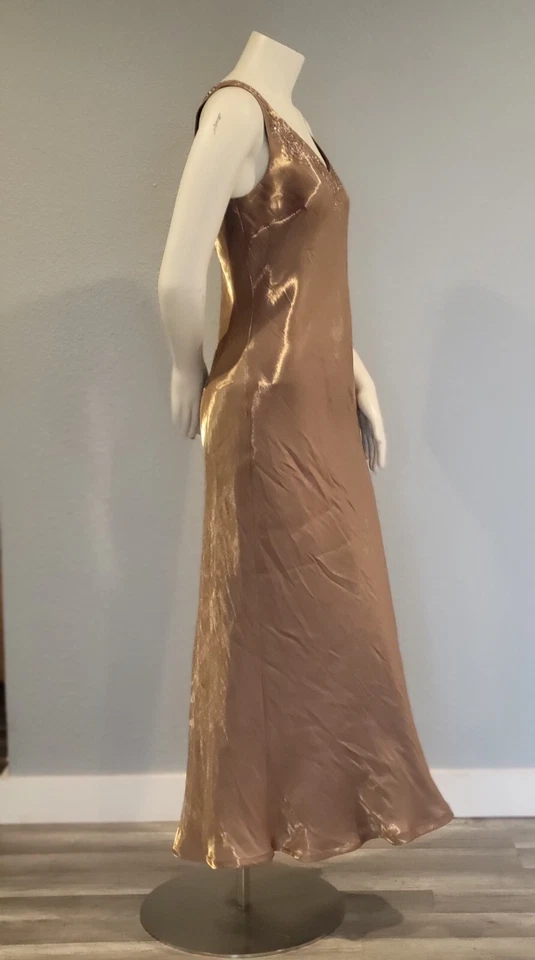 Vintage Rayon David's Bridal Bridesmaid Vneck Dress Gold Cocktail Long 12 Beaded - Image 4 of 4