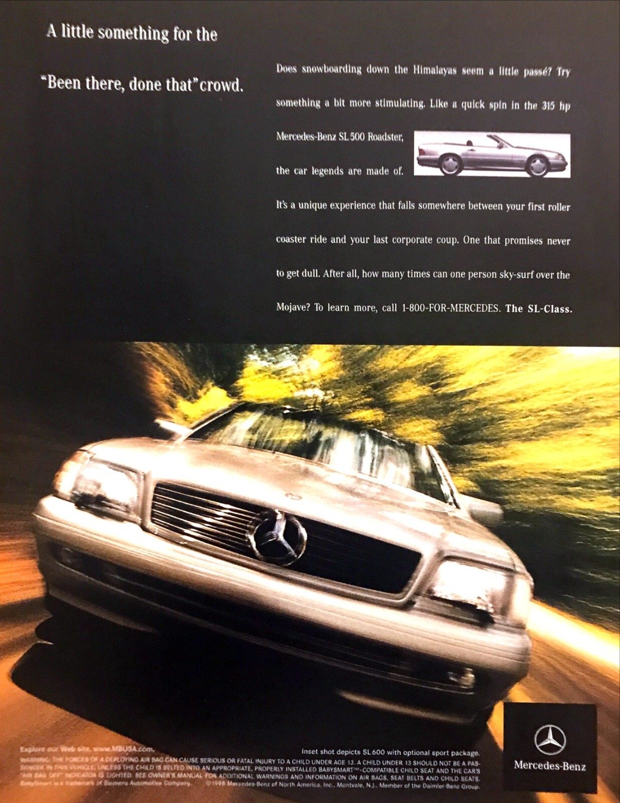 1999 Mercedes-Benz SL 500 Roadster photo "Been There Done That" vintage print ad