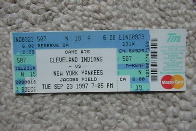 INDIANS VS YANKEES 9/23/1997 FULL TICKET ~ MARTINEZ/ALOMAR/JUSTICE+ HRs