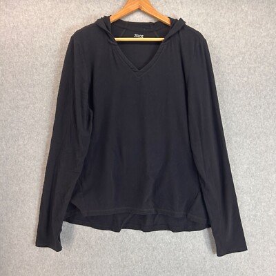 Zelos Black Hooded Long Sleeve Pullover Sweater Top V-Neck Relaxed Women Size XL