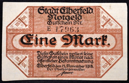 Elberfeld 1918 1 Mark Grossnotgeld Deutsche Notgeld Banknote - Bild 1 von 2