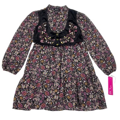 BCX Girl Boho Floral Dress 2-Piece With Embroidered Velvet Vest Size 7 NWT $72