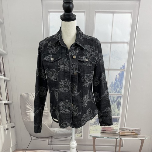 Ruby Rd Wonen’s Size 10 Denim Jean Jacket Embroidered Floral Button Front Black - 第 1/7 張圖片