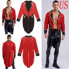 US Men's Circus Ringmaster Sparkly Sequin Lapel Tailcoat Jacket Tuxedo Outerwear