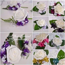 Wedding buttonhole rose flower baby breath and extras purple lilac pink green 