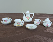 Vintage 10 Piece Dollhouse Miniature White Porcelain Tea Set Pink Flower Print