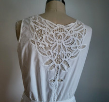 VTG WHITE 100 COTTON LONG SHIRT DRESS w/ OPEN CROCHET DETAIL FULL SKIRT