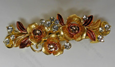 Vintage Hair Barrette, pretty rose gold colored metal, flowers and rhinestones