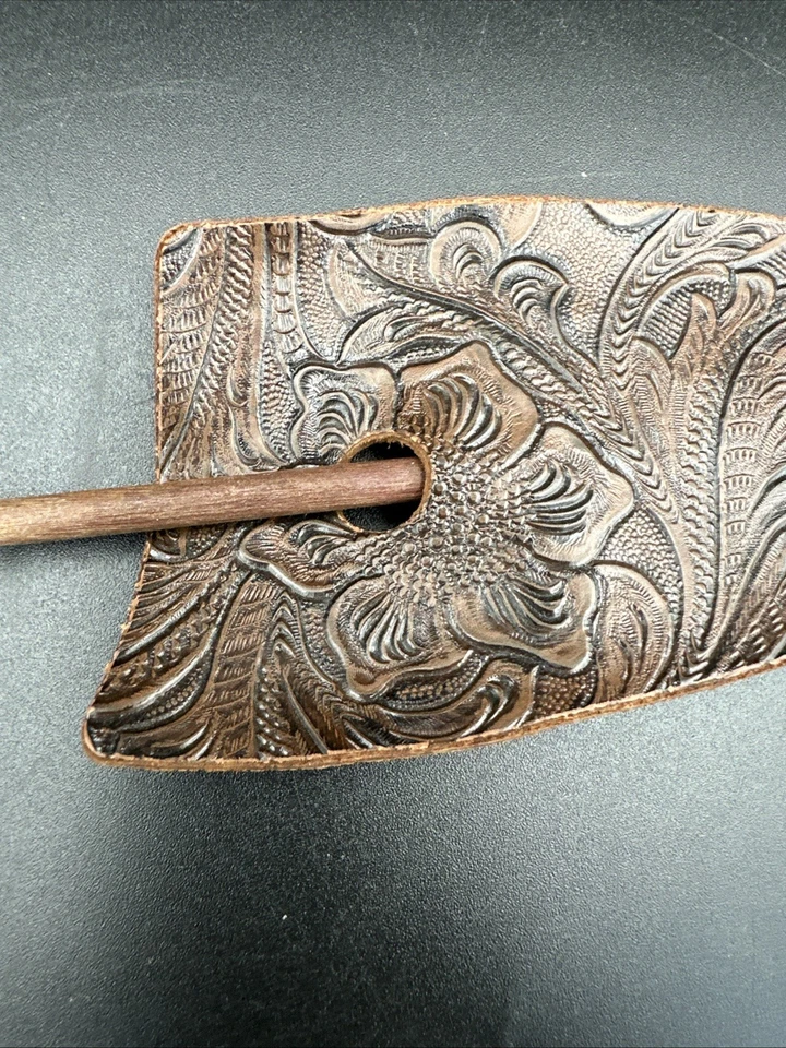 Handcrafted Vintage Leather Hair Slide With Wooden Stick Embossed Floral Design - Image 2 of 4