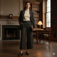 Talbots Wide Leg Wool Blend Trousers Charcoal Grey Tweed Dark Academia Pants