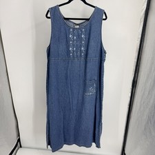 Vintage Its Our Time Denim Floral Embroidered Jumper Dress 2X Blue Midi 30692