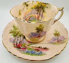 Vintage Aynsley Bluebell Time Pink Floral Scene Cup & Saucer; England Teacup