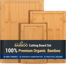 3-Piece Bamboo Cutting Board Set with Juice Groove - Heavy Duty Wooden Chopping