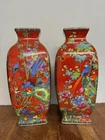 Pair of Red Oriental Chinese Ceramic Vases - Floral & Bird Pattern - 34cm High