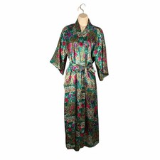 Vintage California Dynasty Robe Womens Medium Emerald Green Satin Floral USA