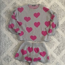 Nasty Gal Matching Sweater and Shorts Set Gray and Pink Hearts So Cute! Size S