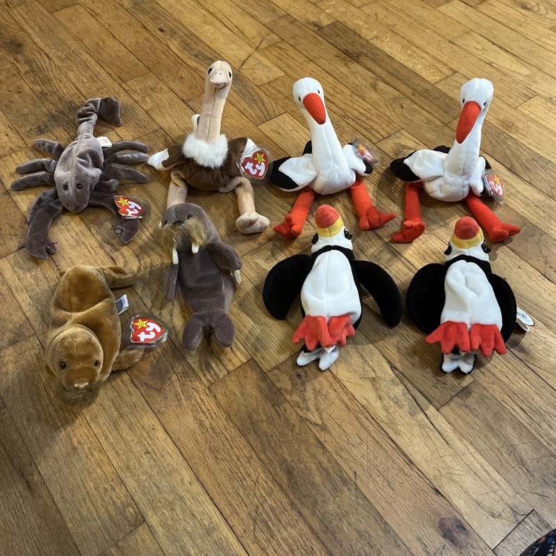 Vintage 1996-1999 Ty Beanie Babies, Birds, Walrus, Scorpion Lot of  8 All w/tags