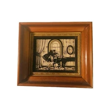 C & A Richards 1934 First Music Lesson Reverse Glass Painted Framed Silhouette 