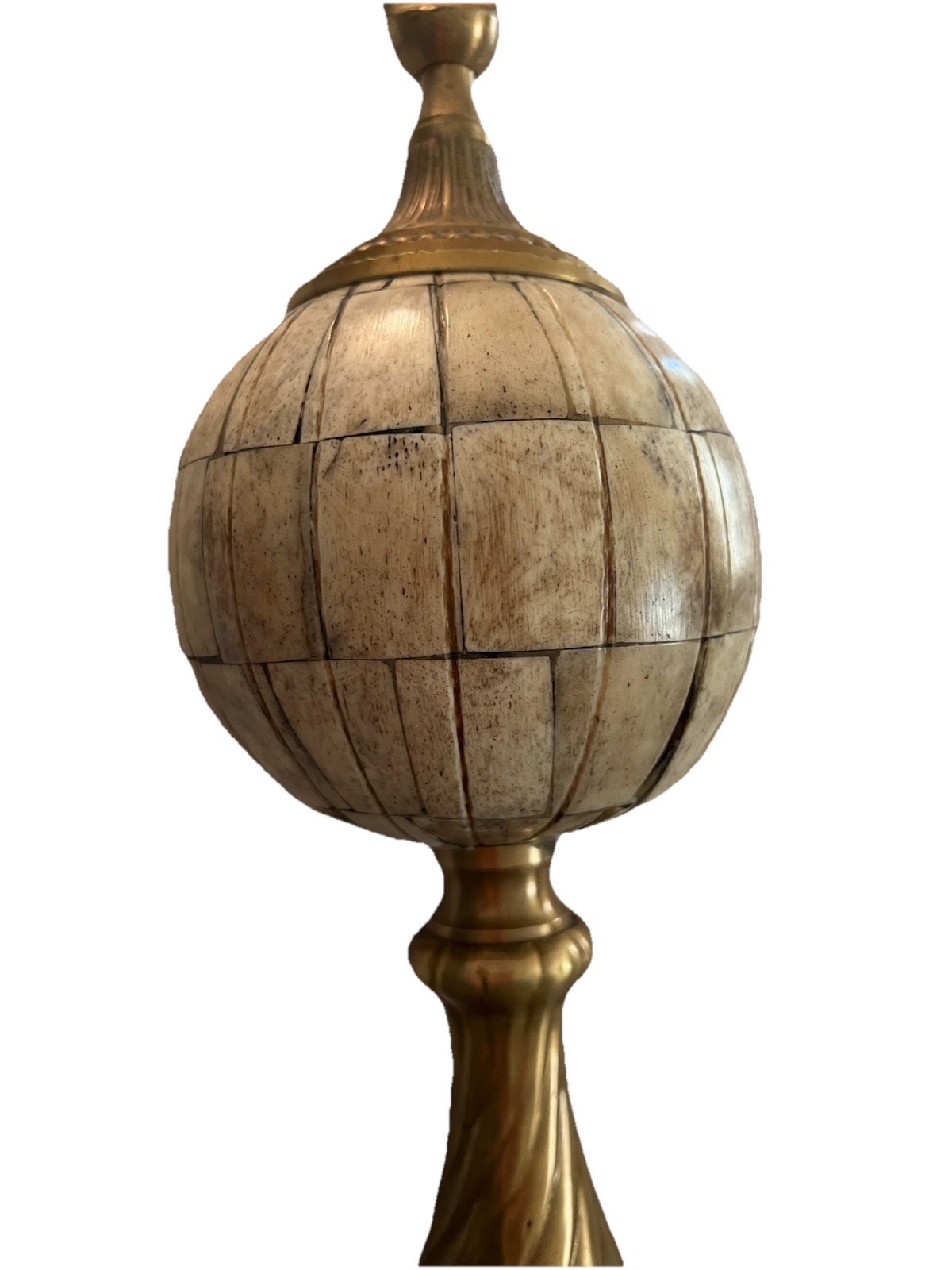 Vintage Inlaid Bone Globe Finial Decor With Antique Brass Finish 15.5”
